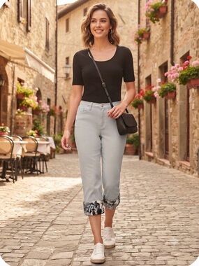 Taylor Brooke Light Gray Roll Cuff Pants with Renaissance Print